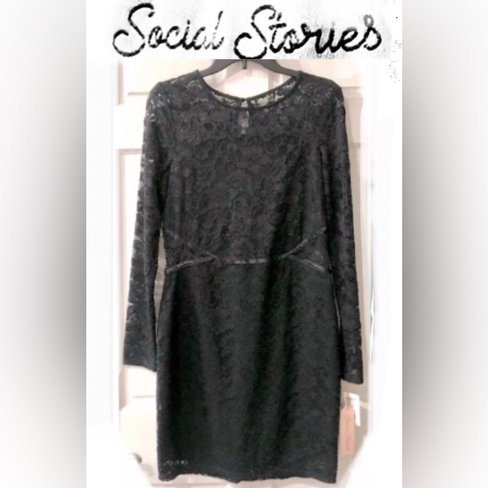 SOCIAL STORIES black bodycon allover lace long sleeve dress mid length sizeL NWT